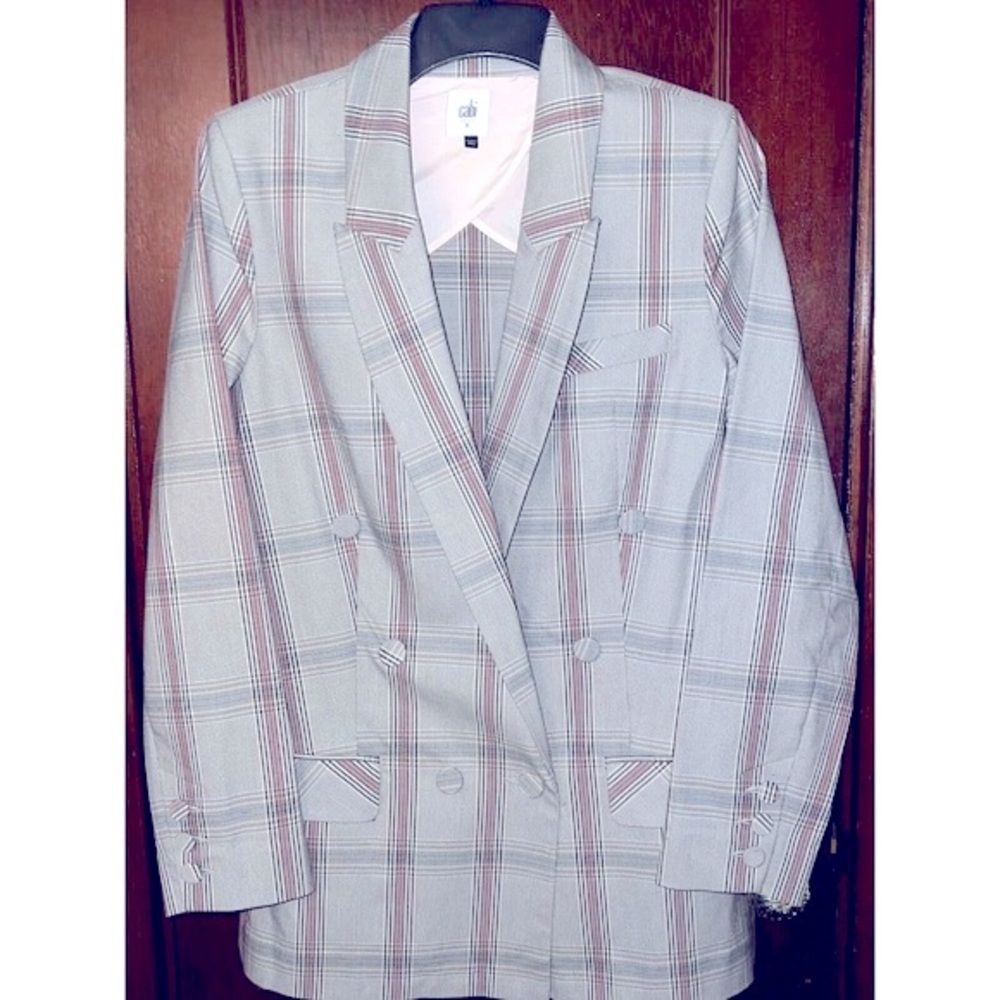CABI BLAZER GRAY PINK PLAID SLEUTH DOUBLE BREASTED JACKET SZ 8